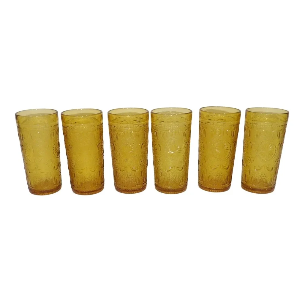 Brockway Concord Amber Glass Tumblers Set 6 Vintage Highball Glasses Retro MCM